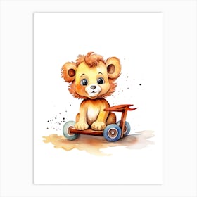 Baby Lion On A Toy Car, Watercolour Nursery 2 Art Print