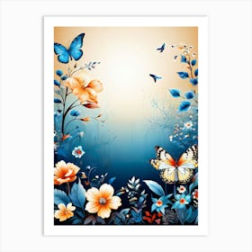 Butterfly And Flowers Wallpaper, A Butterfly-Toned Design With Flowers And Leaves Trees And Birds A Beautiful And Simple Picture 1 Art Print