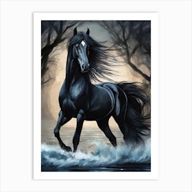 Black Horse In The Water 2 Art Print