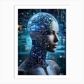 Abstract Painting Of A Cybernetic Human Head Integrating Seamlessly With A Futuristic Security Conce (4) Art Print