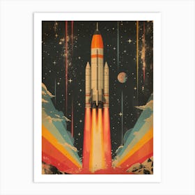 Space Odyssey: Retro Poster featuring Asteroids, Rockets, and Astronauts: Space Shuttle Launch Canvas Print Art Print
