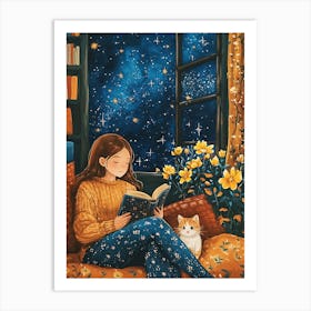 Girl Reading Book with Her Cat 10 Art Print