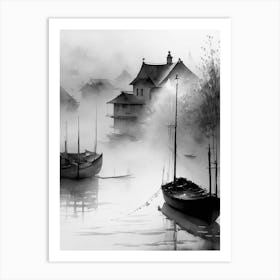 Black And White Village Painting Art Print