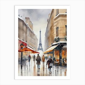 Paris cafes, winter season, Christmas, autumn oil colors, pale colors, pedestrians in the street, winter clothes, falling snow.9 Art Print