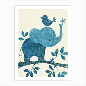 Small Joyful Elephant With A Bird On Its Head 18 Art Print