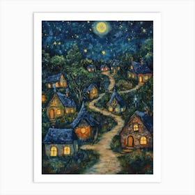 Village At Night With Stars and Moon In The Sky 7 Art Print