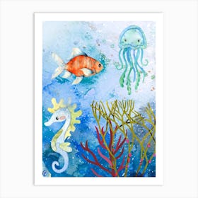 Comet Fish, Teal & Pale Green Seahorse, octopus, Coral,Seaweed watercolour Art Print