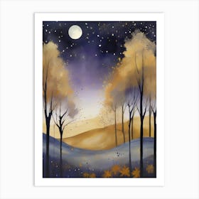 Cosmic Fall Night،
An ethereal boho painting that captures the beauty of a fall night sky. The background is a deep navy, speckled with tiny stars, while the foreground features silhouettes of autumn trees in shades of charcoal and dark olive. The moon is painted in a glowing silver, surrounded by soft wisps of mist in pale gold and lavender.
.12 Art Print