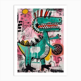 Dinosaur Playing Football Pink Graffiti Brushstroke 2 Art Print