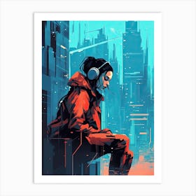 Futuristic Girl In Headphones, cyberpunk Art Print