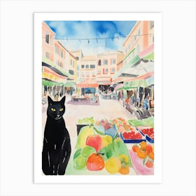 Food Market With Cats In Saint Tropez 1 Watercolour Art Print