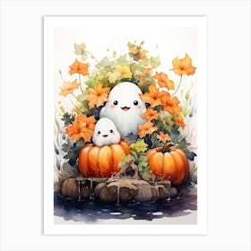 Cute Bedsheet Ghost, Botanical Halloween Watercolour 114 Art Print