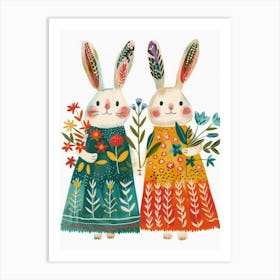 Two Bunnies Holding Flowers 1 Art Print