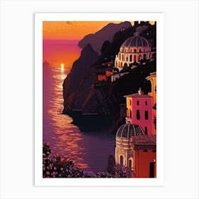 The Amalfi Coast Retro Sunset Art Print