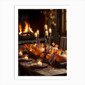 Autumn Table Decoration Cascading Leaves Of Warm Hues Rest Atop Smooth Pumpkins With Textured Exter (2) Art Print