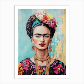 Frida Kahlo Bunte Mexikanische Malerei, Portrait Frida mit Blumenkranz Art Print