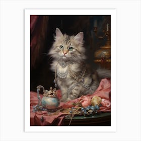 Cat With Jewels Rococo Style Painting 1 Art Print