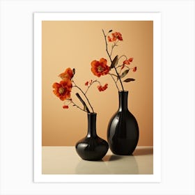 Two Black Vases With Orange Flowers Art Print