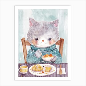 Grey Cat Having Breakfast Folk Illustration 8 Art Print