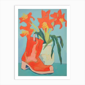 A Painting Of Cowboy Boots With Daffodils Flowers, Fauvist Style, Still Life 5 Art Print