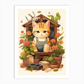 Kawaii Cat Drawings Gardening 2 Art Print