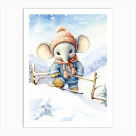 Elephant Painting Snow Boarding Watercolour 4 Art Print