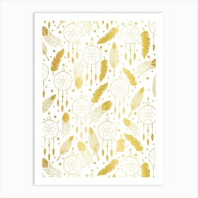 Western Faux Gold Metallic Gradient Dreamcatchers and Feathers Art Print