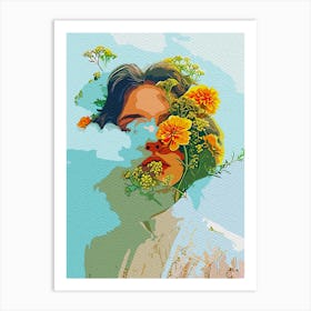 Girl And Flowers Art Print