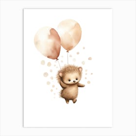 Baby Hedgehog Flying With Ballons, Watercolour Nursery Art 3 Art Print