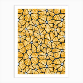 Flower Mosaic Gold Navy Textured Hand Drawn Art Print