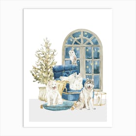 Christmas With Dogs And Owls Art Print