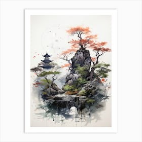 Rikugien Garden In Tokyo, Japanese Brush Painting, Ukiyo E, Minimal 4 Art Print