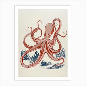 Linocut Red Navy Octopus 3 Art Print