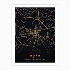 Agra India Black And Gold Map Art Print