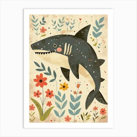 Muted Pastel Cute Shark With Flowers Illustration 3 Art Print