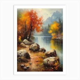 Autumn Lake,Forest Lake, Vintage Oil Painting, Farmhouse Wall Decorations, Antique Landscape, Vintage Landscape Oil Painting.2 6 Art Print