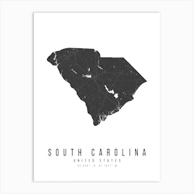 South Carolina Mono Black And White Modern Minimal Street Map Art Print