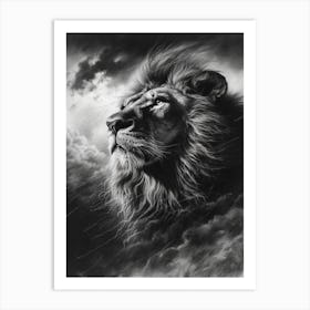 Barbary Lion Charcoal Drawing Facing A Storm 4 Art Print