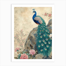 Peacock On A Rock Vintage Wallpaper Art Print