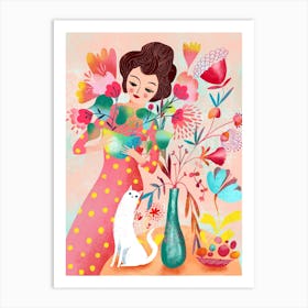 Lady And Cat Floral Arrangement Art Print