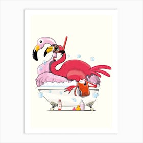 In Bath On Inflatable Flamingo Art Print