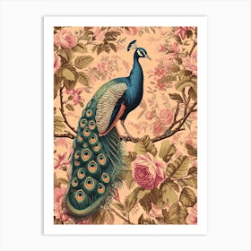 Vintage Sepia Peacock In A Floral Tree Wallpaper Inspired 4 Art Print