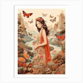 Woman In The Rocky Mountains With Butterflies Japanese Style Painting Art Print