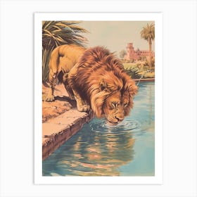 Barbary Lion Drinking Illustration 4 Art Print