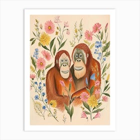 Folksy Floral Animal Drawing Orangutan 4 Art Print
