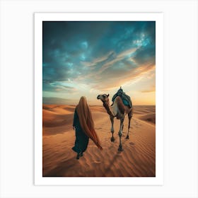 Camel And Woman In The Desert Art Print