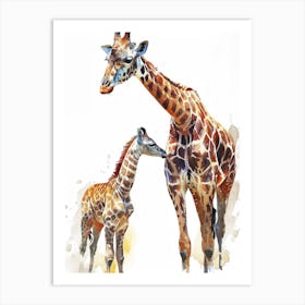 Giraffe Mother & Calf Watercolour 3 Art Print