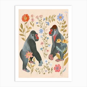 Folksy Floral Animal Drawing Gorilla 6 Art Print