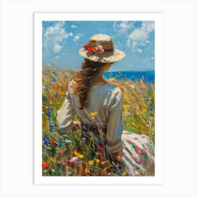 PERFECT - Beautiful Woman on a Summer's Day - Abstract Impressionism Acrylic and Oil on Canvas by British Artist John Arwen Beautiful Colorful Floral Botanical Meadow Gallery Feature Wall Art - Straw Hat Meadow HD Art Print