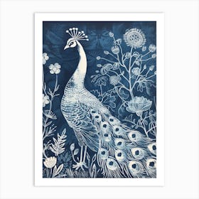 Navy & Cream Linocut Inspired Peacock In The Plants 1 Art Print